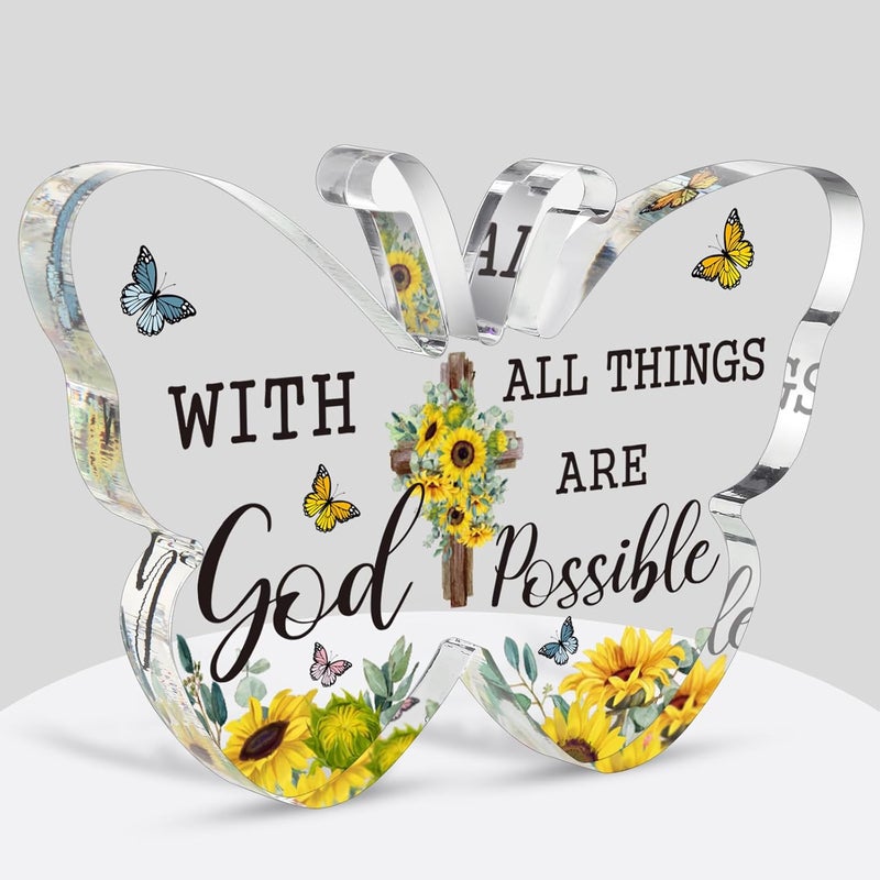 Barydat Acrylic Christian Gifts Bible Verses Religious Gifts for Women Men Inspirational Scripture Butterfly Prayer Room Decor Faith Keepsake Paperweights for Mother Father Home (with God) - Image 1